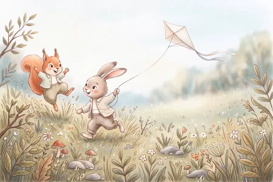 wall murals A bunny with a kite and a squirrel in a meadow, in watercolor style w10007