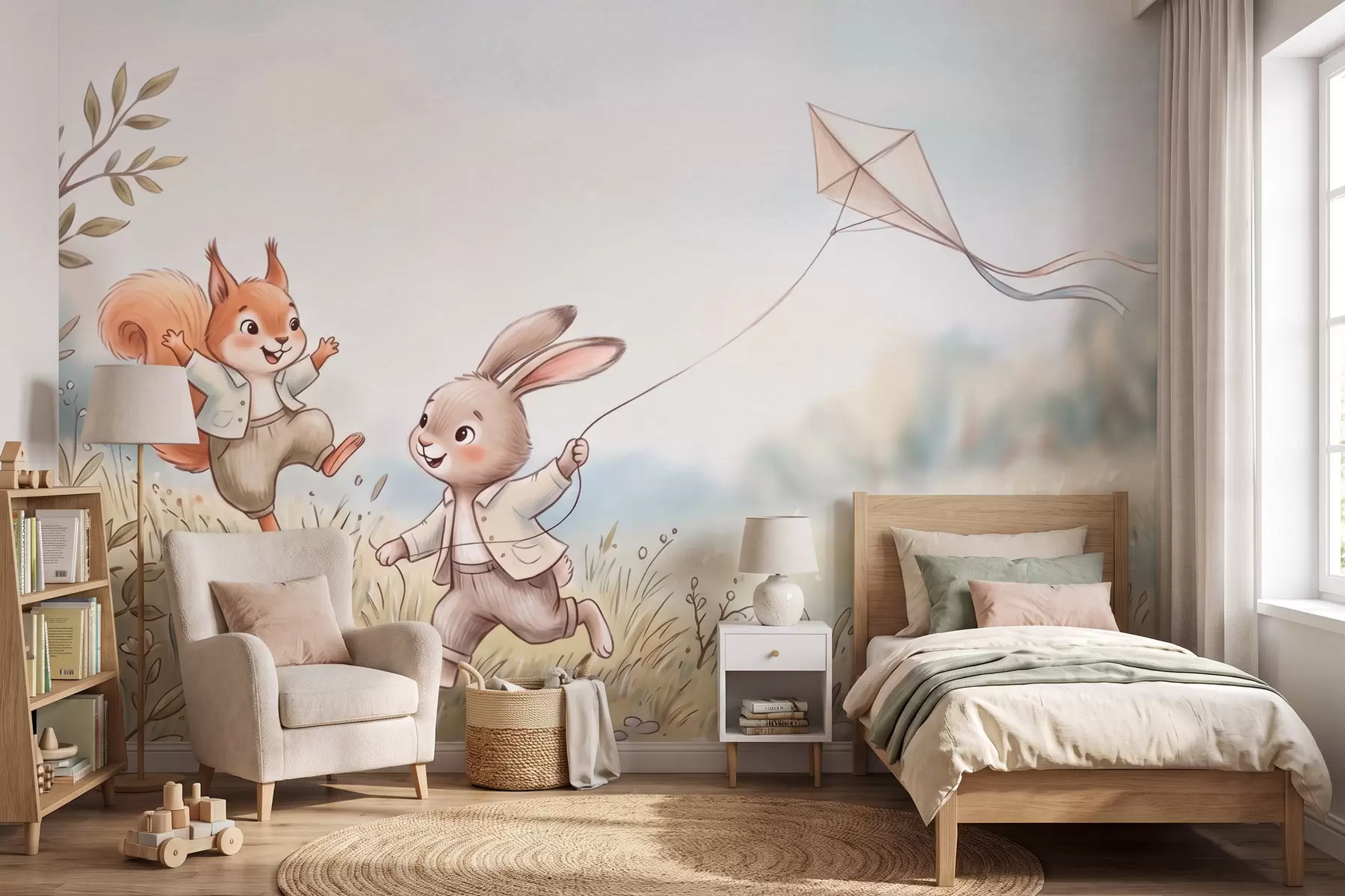 Wall Mural Photo Wallpaper A bunny with a kite and a squirrel in a meadow, in watercolor style w10007