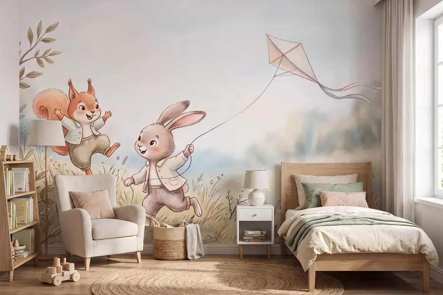 wall murals A bunny with a kite and a squirrel in a meadow, in watercolor style w10007