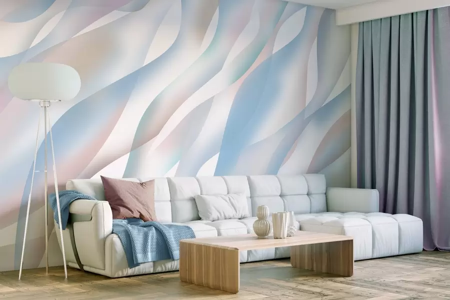 Wall Mural Photo Wallpaper Abstract waves in shades of blue, pink and beige against a white background w05758v1