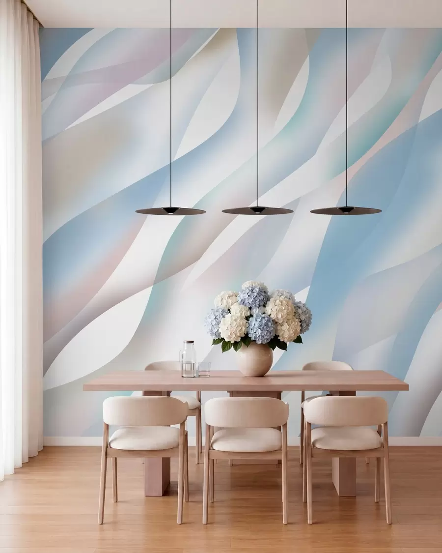 peintures murales Vagues abstraites dans des tons de bleu, de rose et de beige sur fond blanc w05758v1