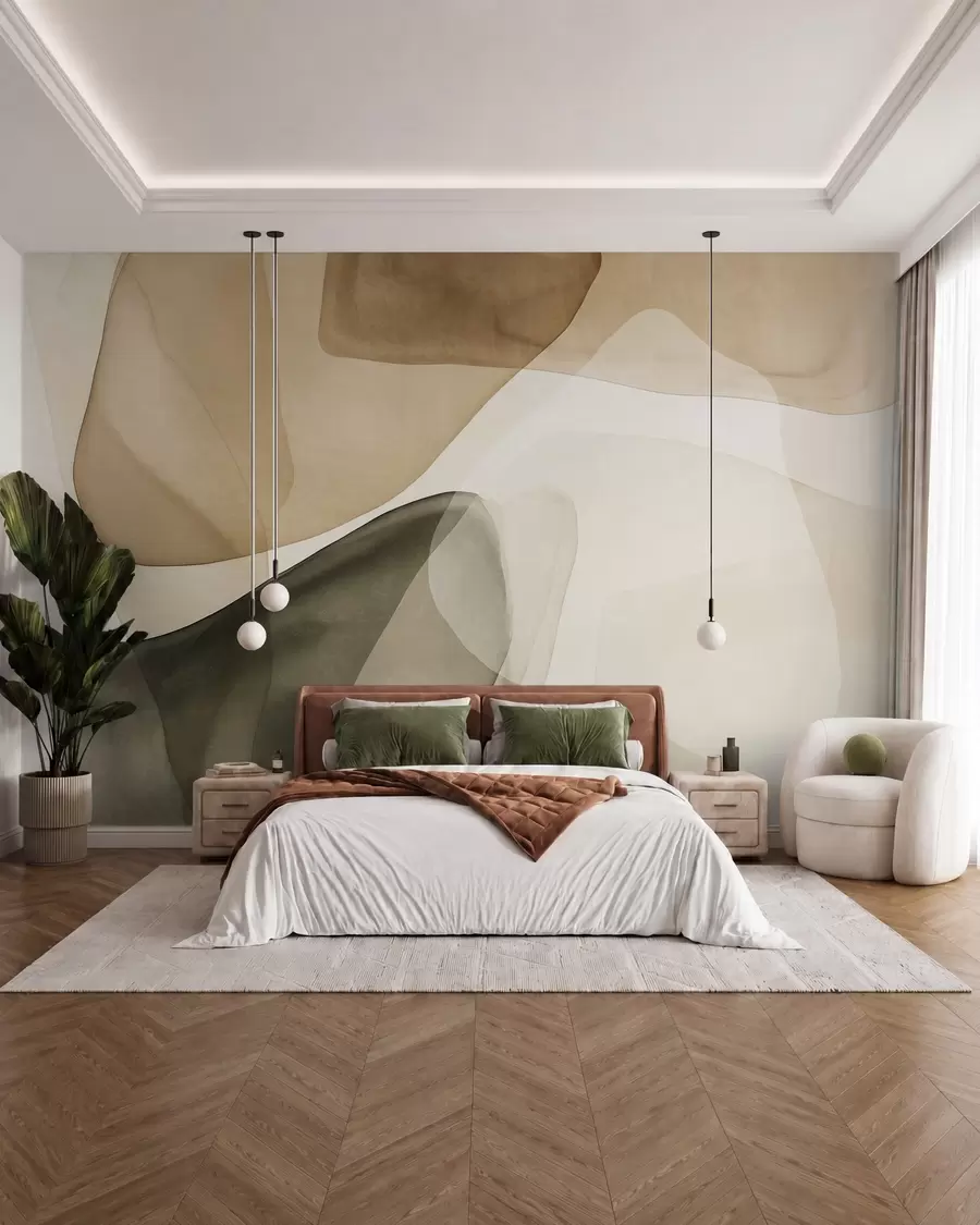 Wall Mural Photo Wallpaper Abstract shapes in shades of beige and green, textured, translucent layers effect w10022