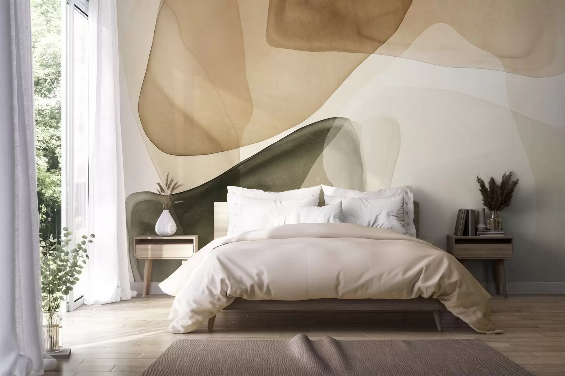 wall murals Abstract shapes in shades of beige and green, textured, translucent layers effect w10022