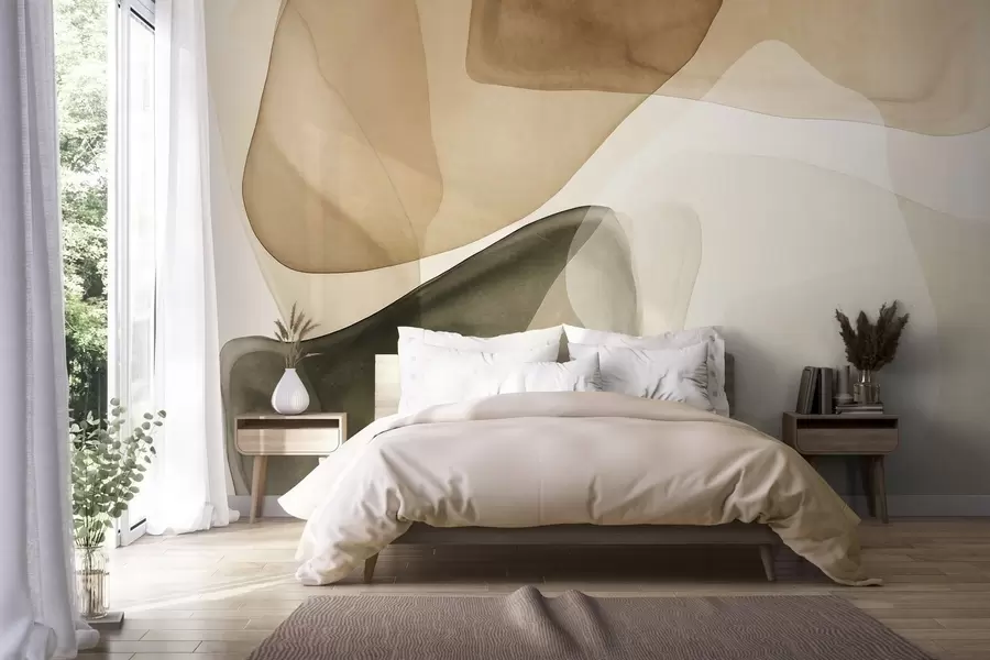 murales Formas abstractas en tonos beige y verde, con un efecto de capas texturizadas y translúcidas w10022