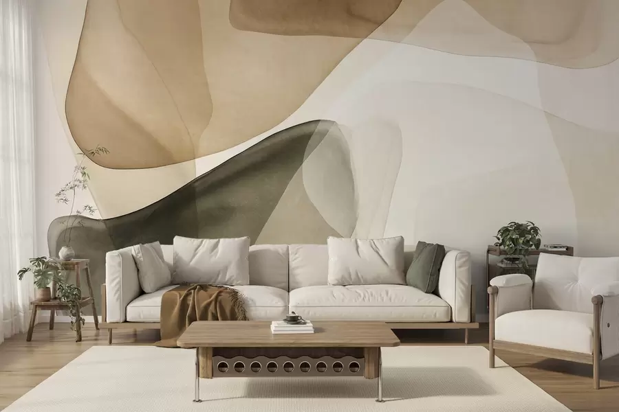 wall murals Abstract shapes in shades of beige and green, textured, translucent layers effect w10022