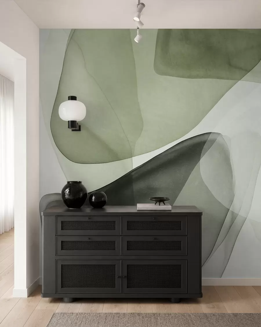 peintures murales Formes abstraites dans des nuances de vert, effet de couches texturées et translucides w10022v2