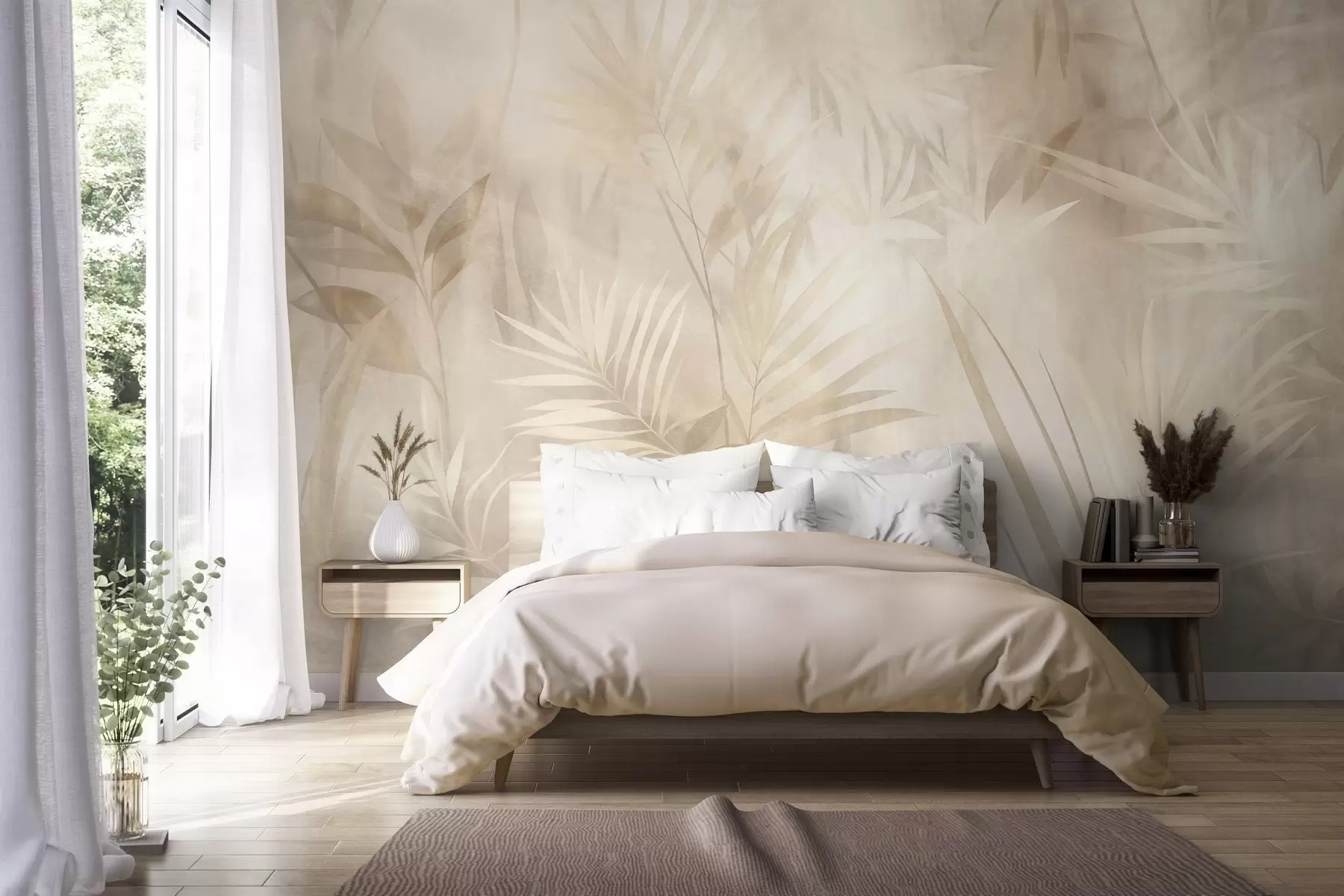 murales Hojas de palmera en tonos beige y crema apagados, con un fondo suave, selva tropical w10023