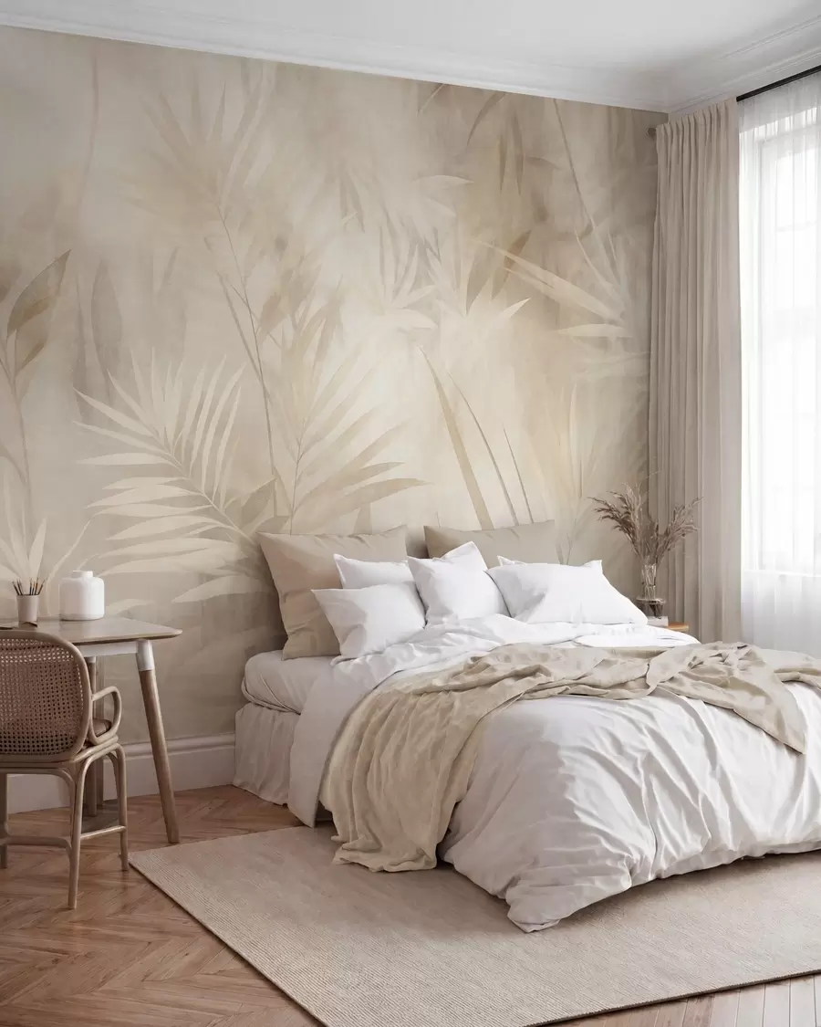 Wall Mural Photo Wallpaper Palm leaves in muted beige and cream tones, with a soft background, tropical jungle w10023