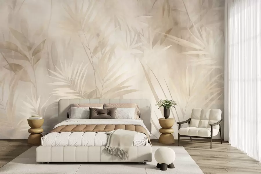 Wall Mural Photo Wallpaper Palm leaves in muted beige and cream tones, with a soft background, tropical jungle w10023