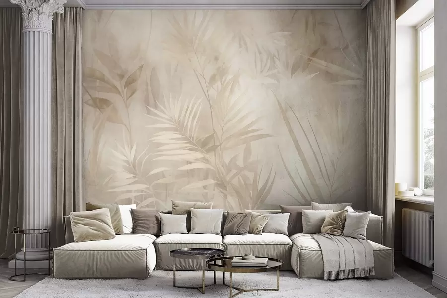 murales Hojas de palmera en tonos beige y crema apagados, con un fondo suave, selva tropical w10023