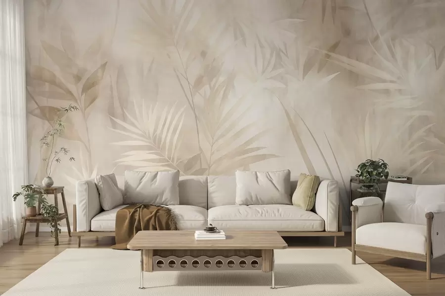 wall murals Palm leaves in muted beige and cream tones, with a soft background, tropical jungle w10023