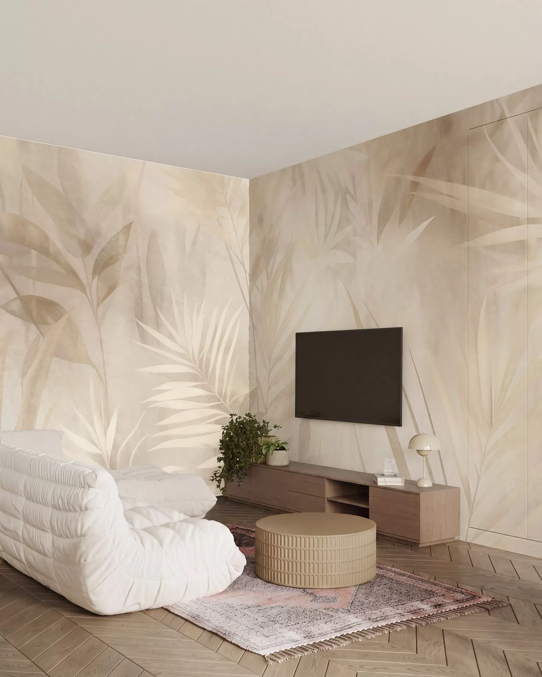 Wall Mural Photo Wallpaper Palm leaves in muted beige and cream tones, with a soft background, tropical jungle w10023