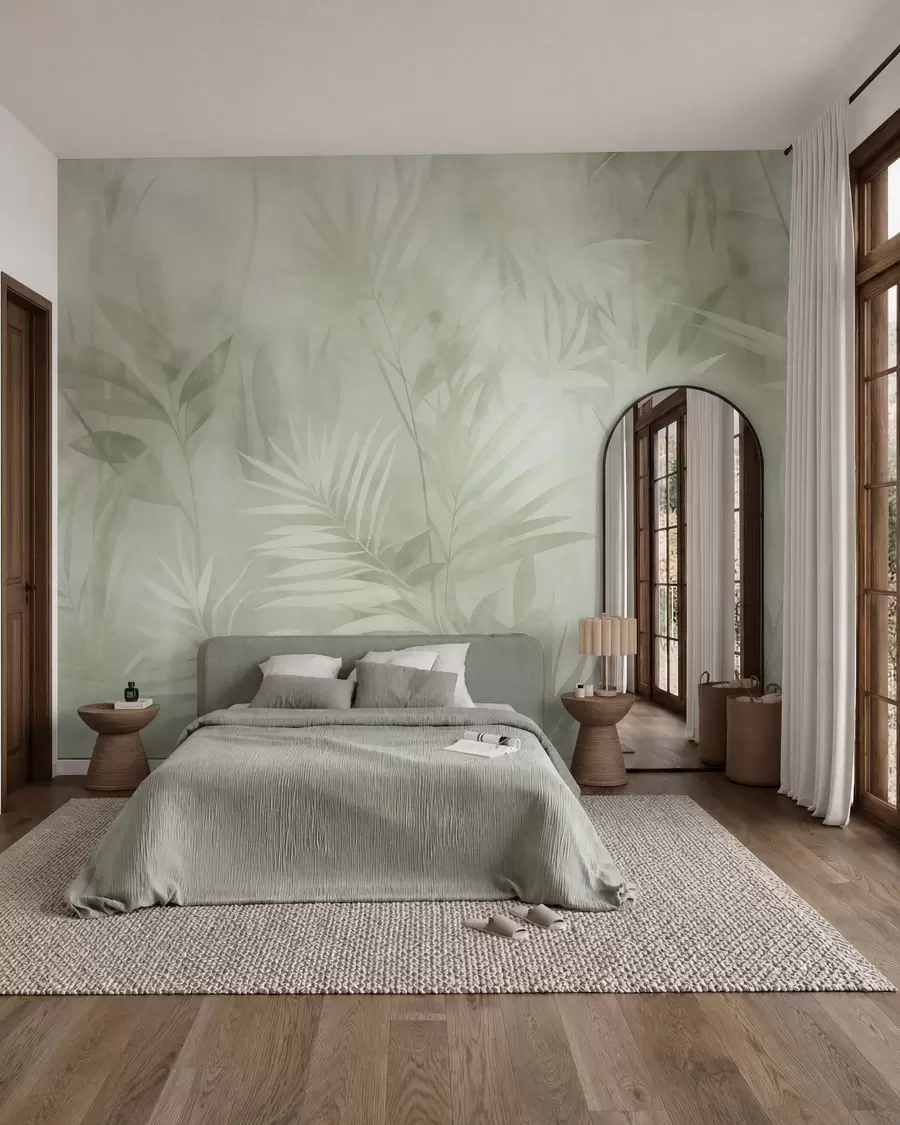 Wall Mural Photo Wallpaper Palm leaves in muted green tones, with a soft background, tropical jungle w10023v1