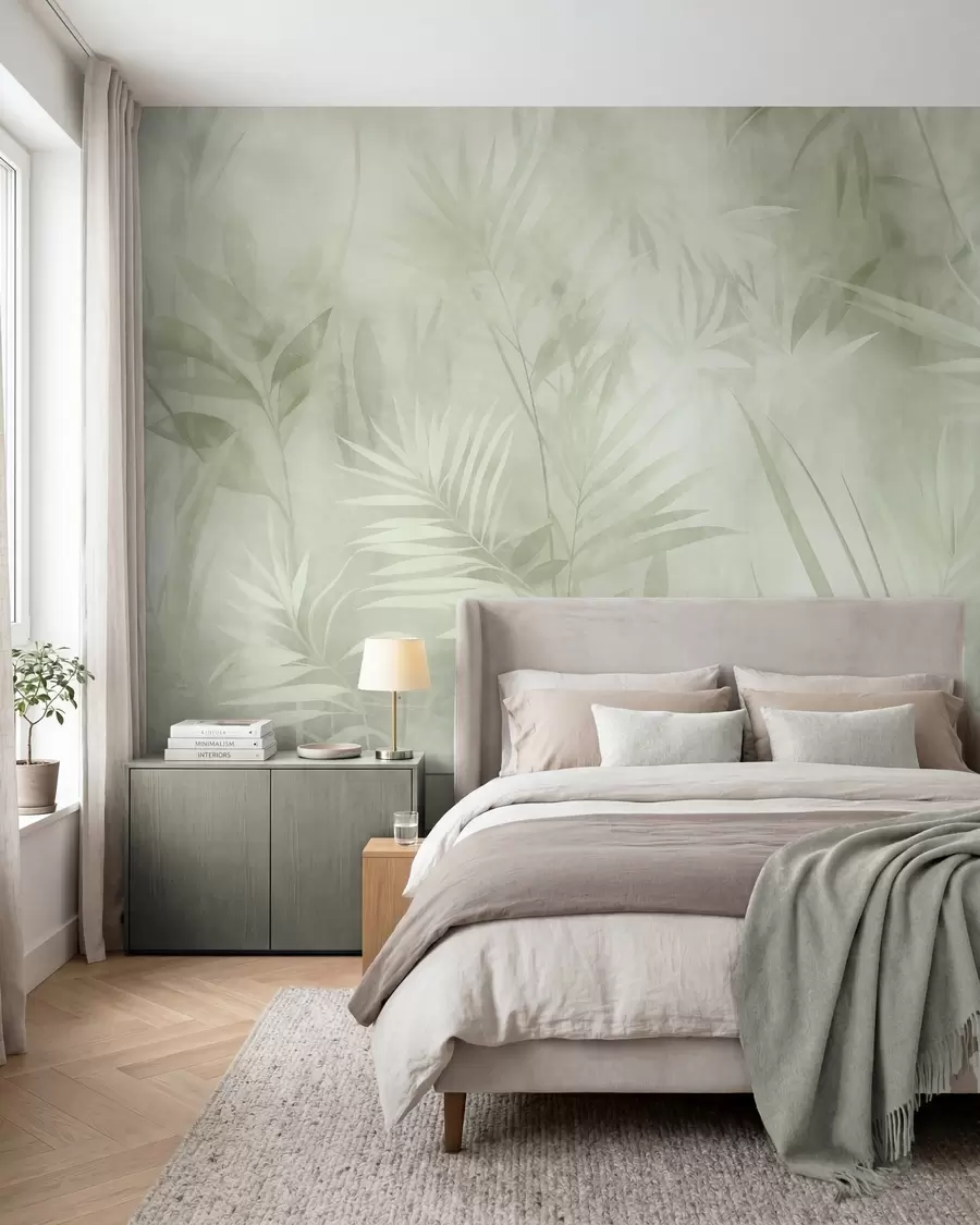 wall murals Palm leaves in muted green tones, with a soft background, tropical jungle w10023v1
