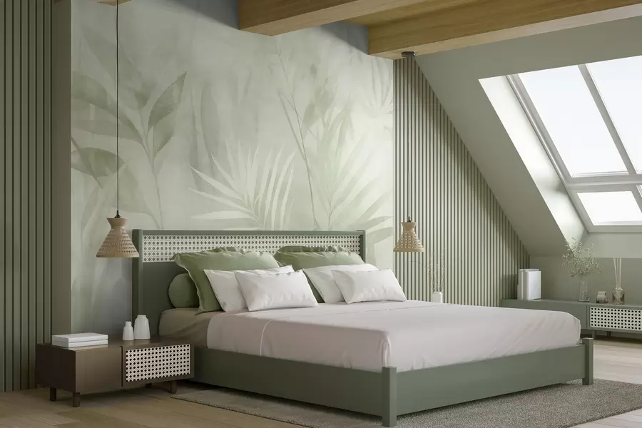 murales Hojas de palmera en tonos verdes apagados, con un fondo suave, selva tropical w10023v1