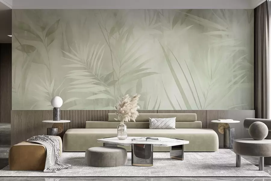 murales Hojas de palmera en tonos verdes apagados, con un fondo suave, selva tropical w10023v1