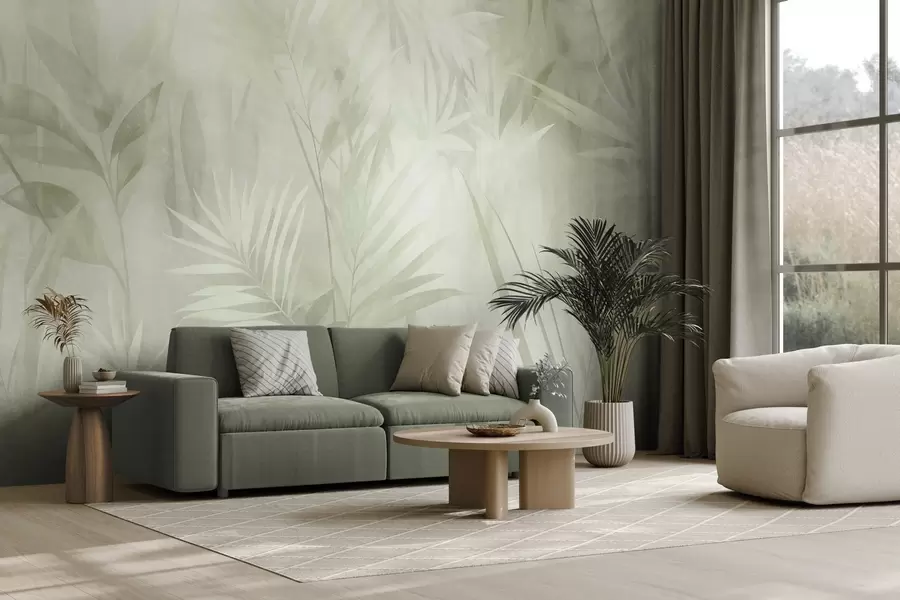 wall murals Palm leaves in muted green tones, with a soft background, tropical jungle w10023v1