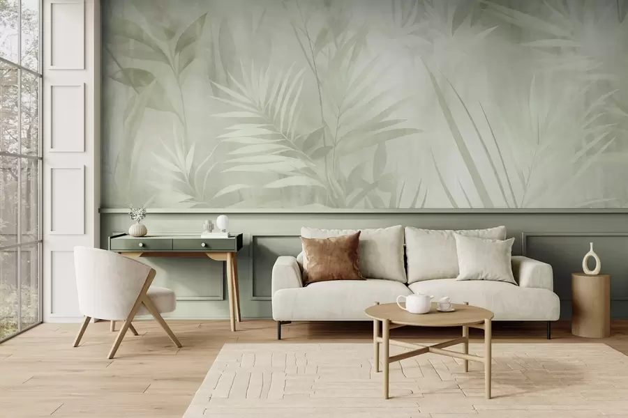 murales Hojas de palmera en tonos verdes apagados, con un fondo suave, selva tropical w10023v1