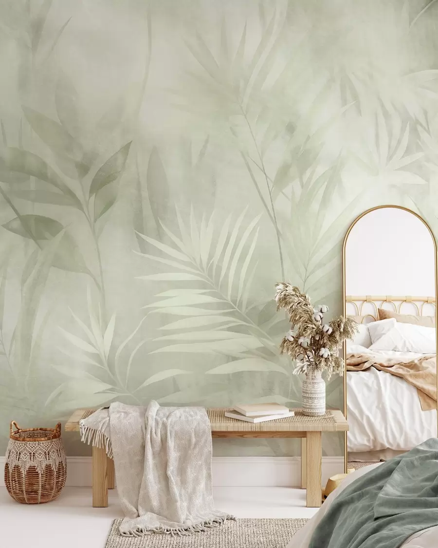 peintures murales Des feuilles de palmier aux nuances de vert discrètes, sur un fond doux, dans une jungle tropicale w10023v1