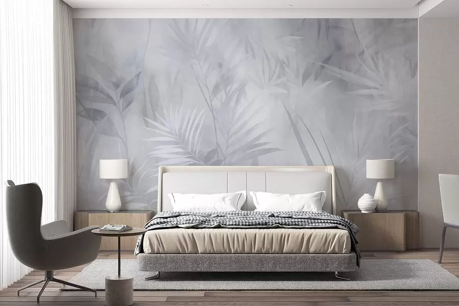 Wall Mural Photo Wallpaper Palm leaves in muted blue tones, with a soft background, tropical jungle w10023v2