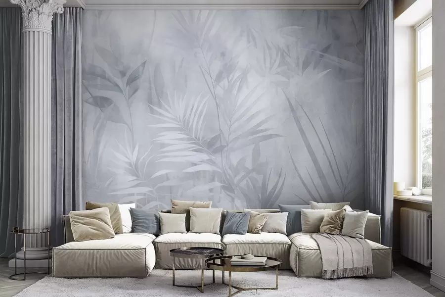 murales Hojas de palmera en tonos azules apagados, con un fondo suave, selva tropical w10023v2