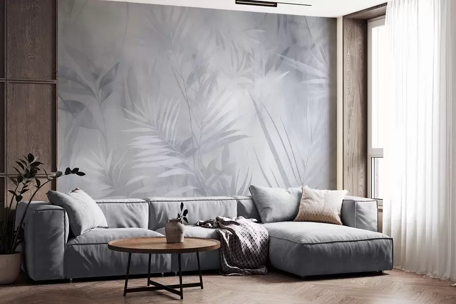 murales Hojas de palmera en tonos azules apagados, con un fondo suave, selva tropical w10023v2