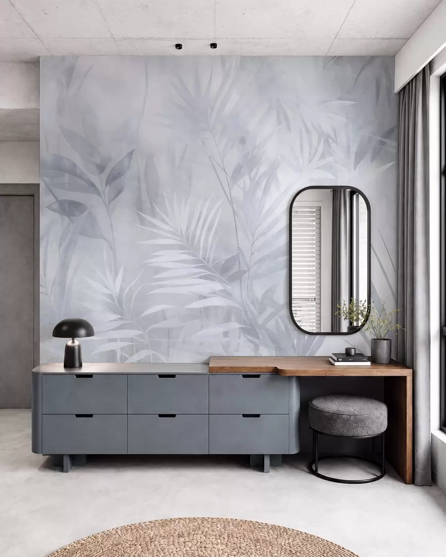 peintures murales Feuilles de palmier dans des tons bleus discrets, sur un fond doux, jungle tropicale w10023v2