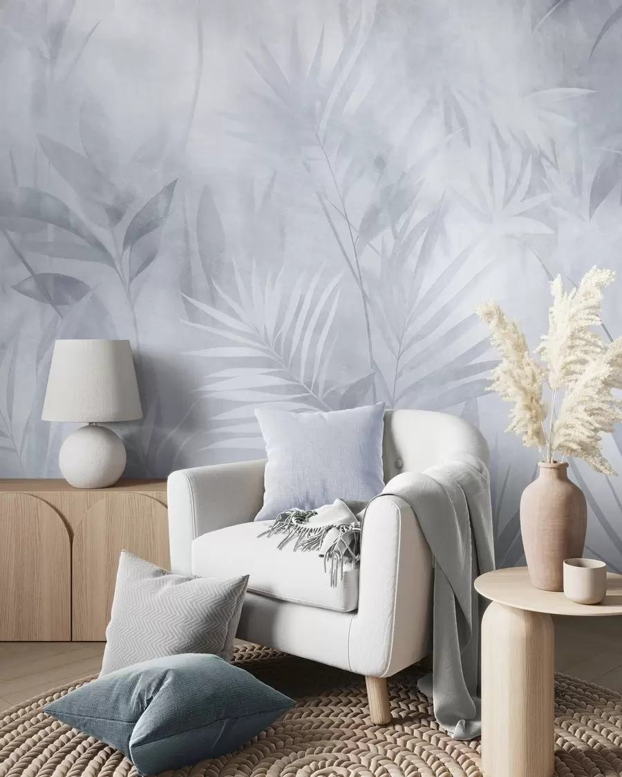 murales Hojas de palmera en tonos azules apagados, con un fondo suave, selva tropical w10023v2