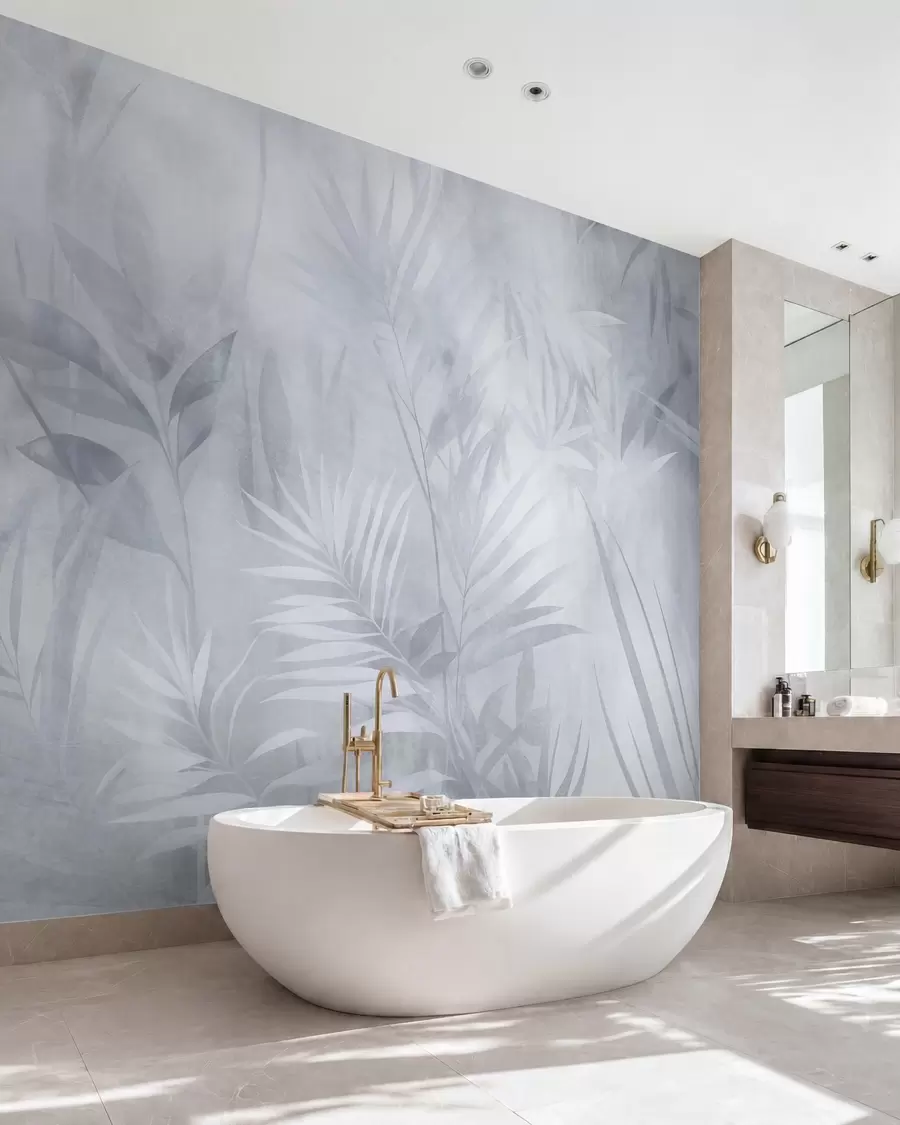 murales Hojas de palmera en tonos azules apagados, con un fondo suave, selva tropical w10023v2