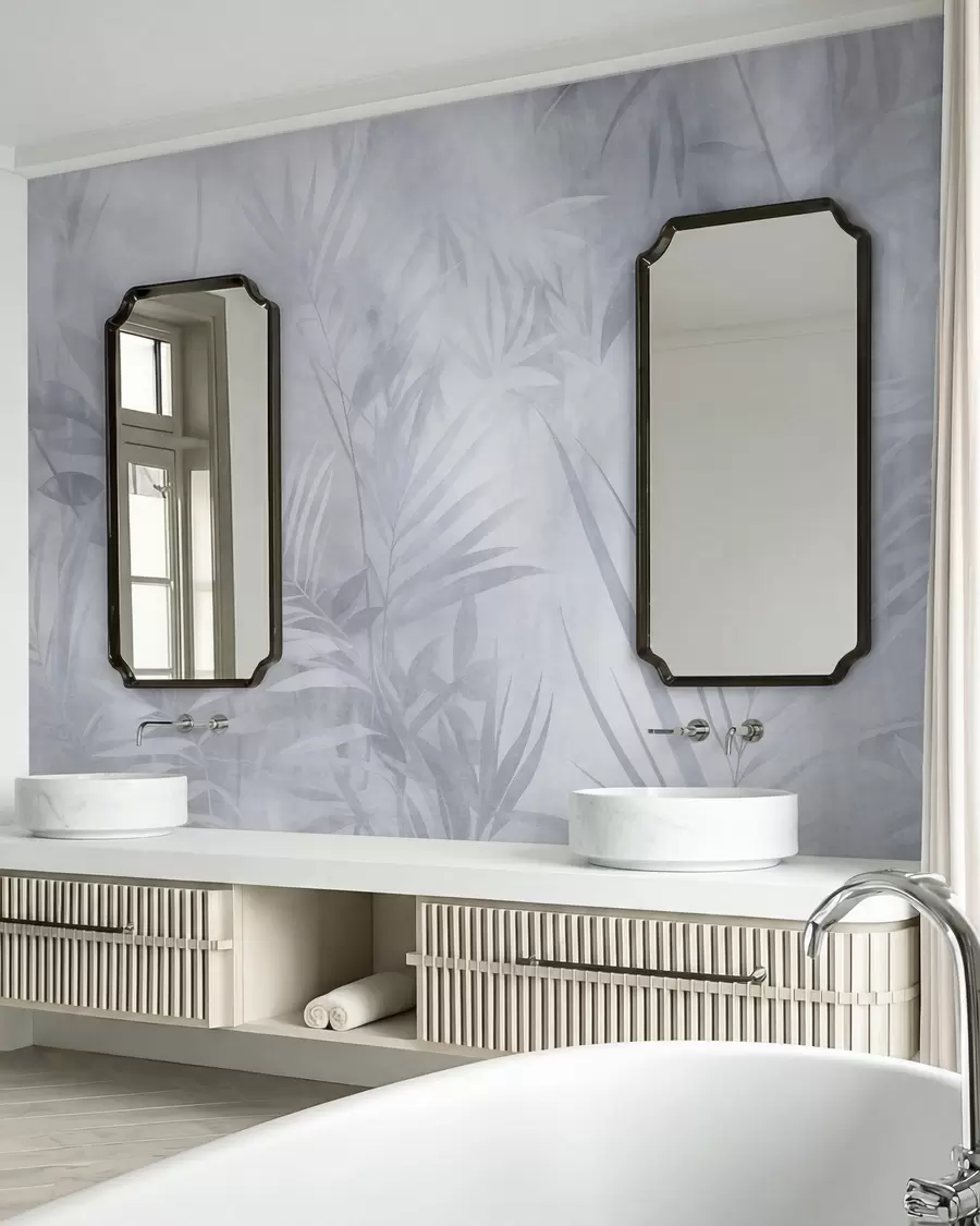 wall murals Palm leaves in muted blue tones, with a soft background, tropical jungle w10023v2