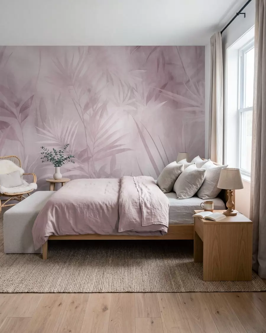 Wall Mural Photo Wallpaper Palm leaves in muted pink tones, with a soft background, tropical jungle w10023v3