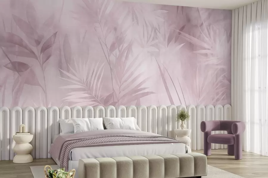 murales Hojas de palmera en tonos rosados apagados, con un fondo suave, selva tropical w10023v3