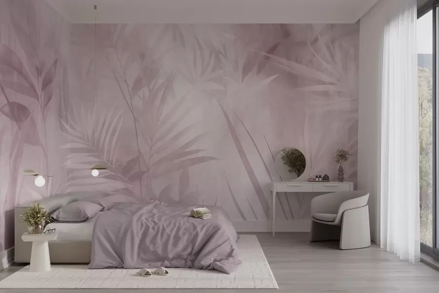 peintures murales Des feuilles de palmier aux nuances de rose pâle, sur un fond doux, dans une jungle tropicale w10023v3
