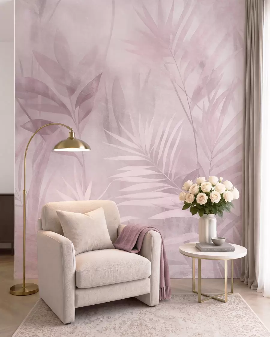 murales Hojas de palmera en tonos rosados apagados, con un fondo suave, selva tropical w10023v3