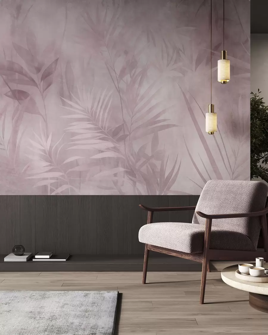 peintures murales Des feuilles de palmier aux nuances de rose pâle, sur un fond doux, dans une jungle tropicale w10023v3