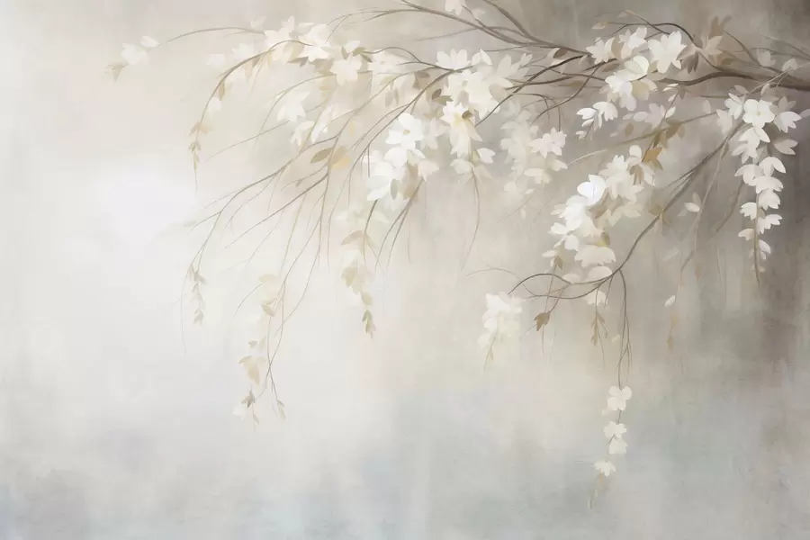 wall murals A delicate cherry tree branch with white blossoms and leaves, painting style w10024