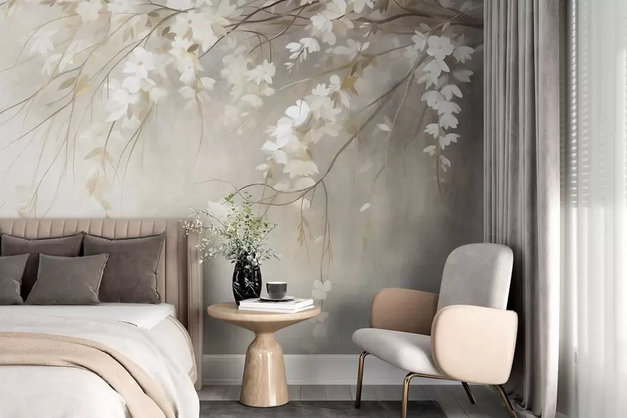 Wall Mural Photo Wallpaper A delicate cherry tree branch with white blossoms and leaves, painting style w10024