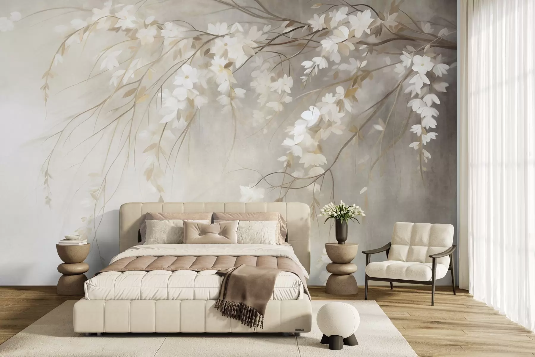 Wall Mural Photo Wallpaper A delicate cherry tree branch with white blossoms and leaves, painting style w10024