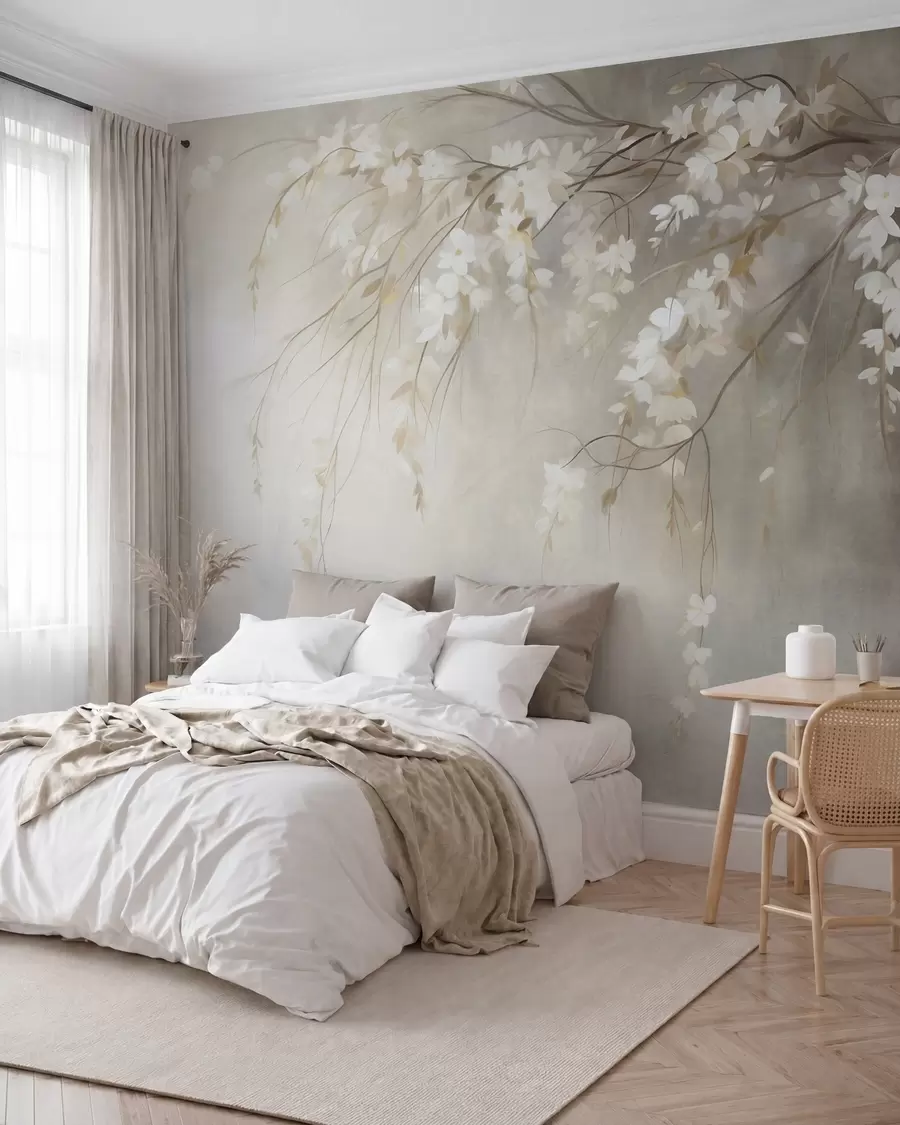 Wall Mural Photo Wallpaper A delicate cherry tree branch with white blossoms and leaves, painting style w10024