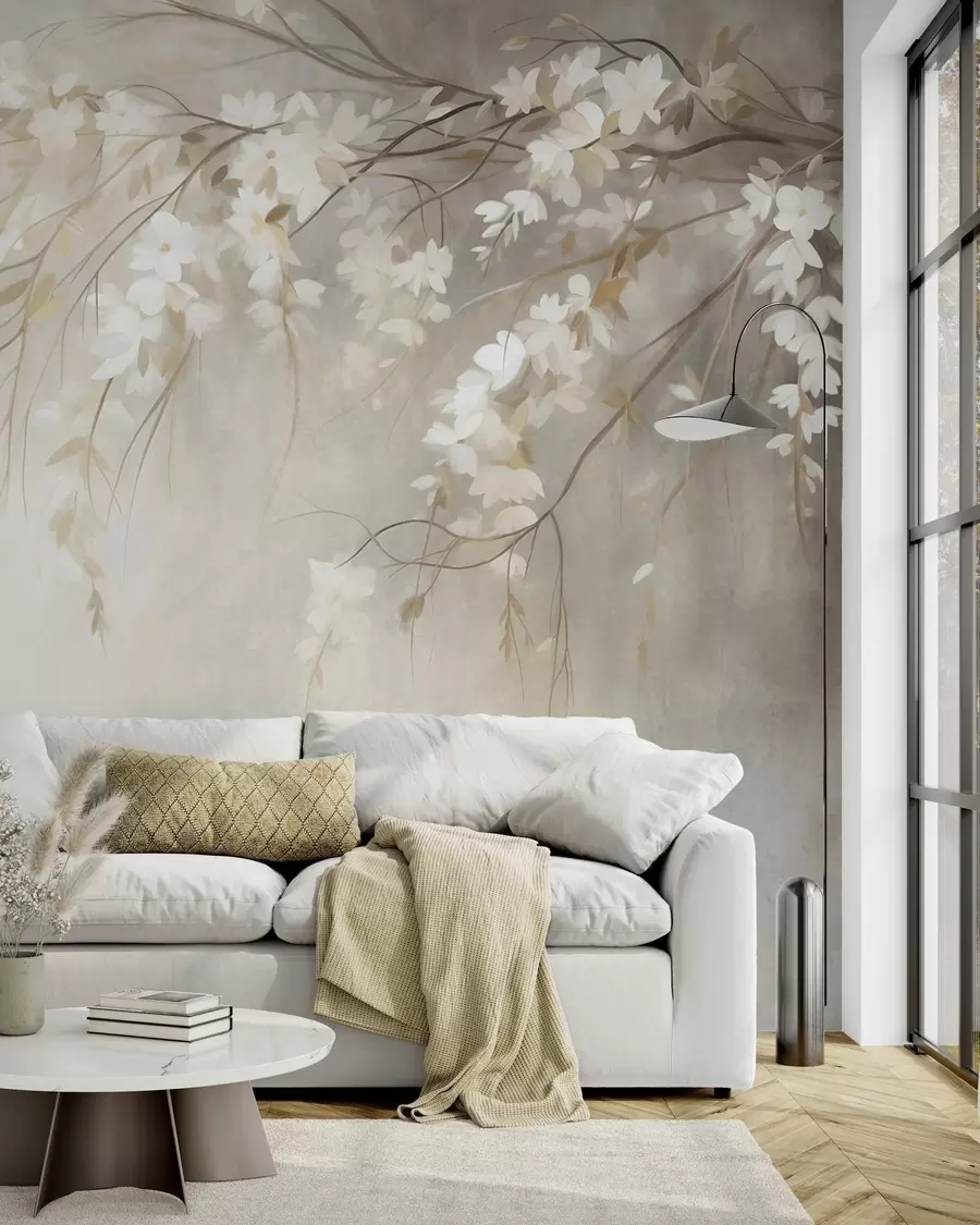 murales Una delicada rama de cerezo con flores blancas y hojas, estilo pictórico w10024