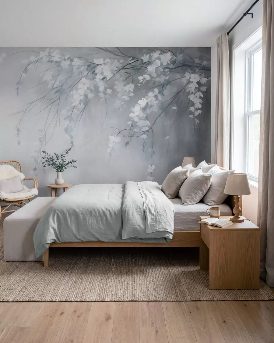murales Una delicada rama de cerezo con flores blancas y hojas, estilo pictórico w10024v1