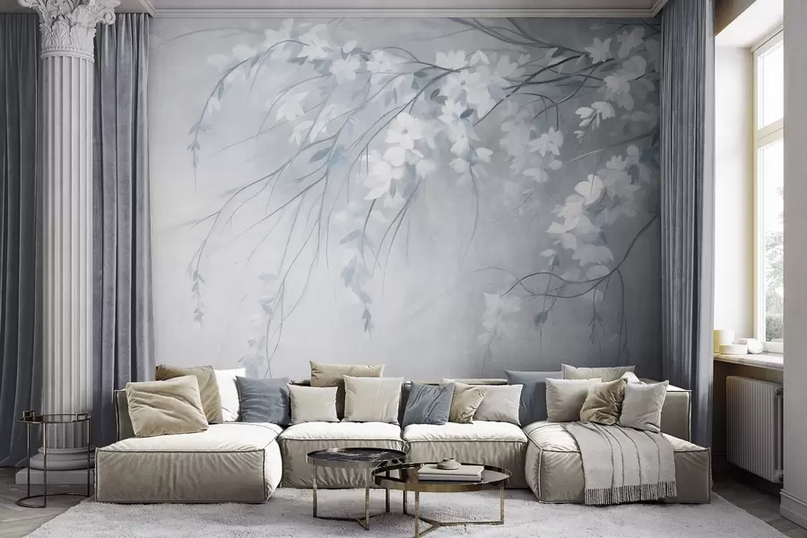 wall murals A delicate cherry tree branch with white blossoms and leaves, painting style w10024v1