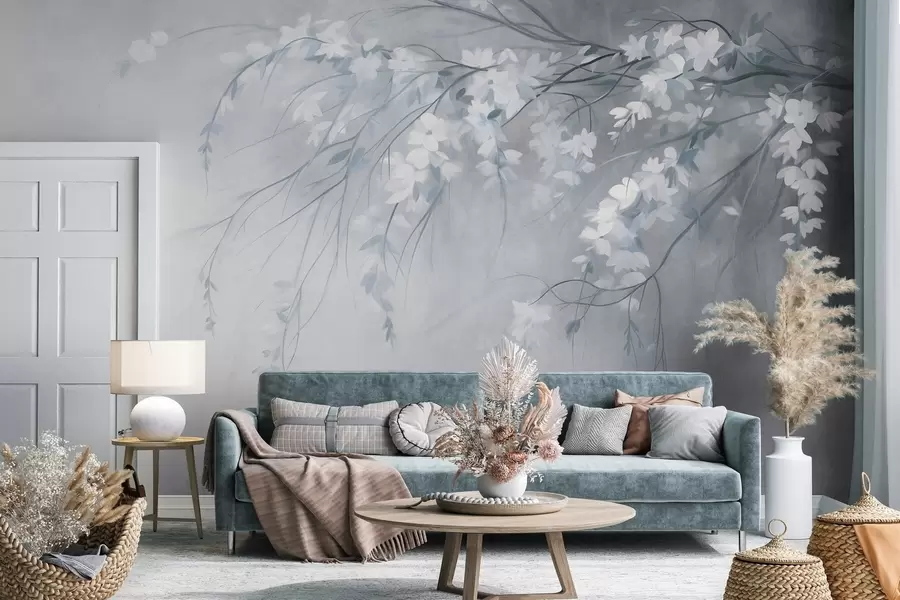peintures murales Une branche de cerisier délicate, ornée de fleurs blanches et de feuilles, style peinture w10024v1