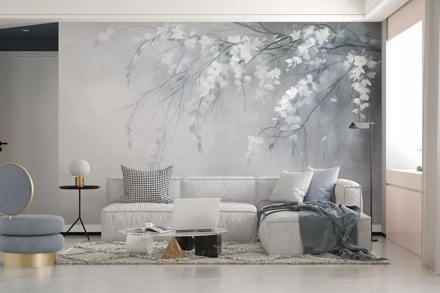 murales Una delicada rama de cerezo con flores blancas y hojas, estilo pictórico w10024v1