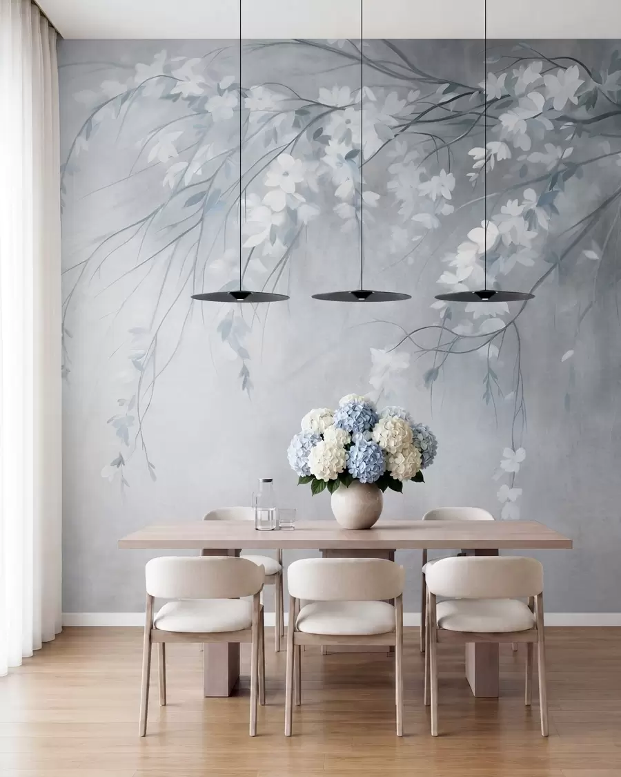 murales Una delicada rama de cerezo con flores blancas y hojas, estilo pictórico w10024v1
