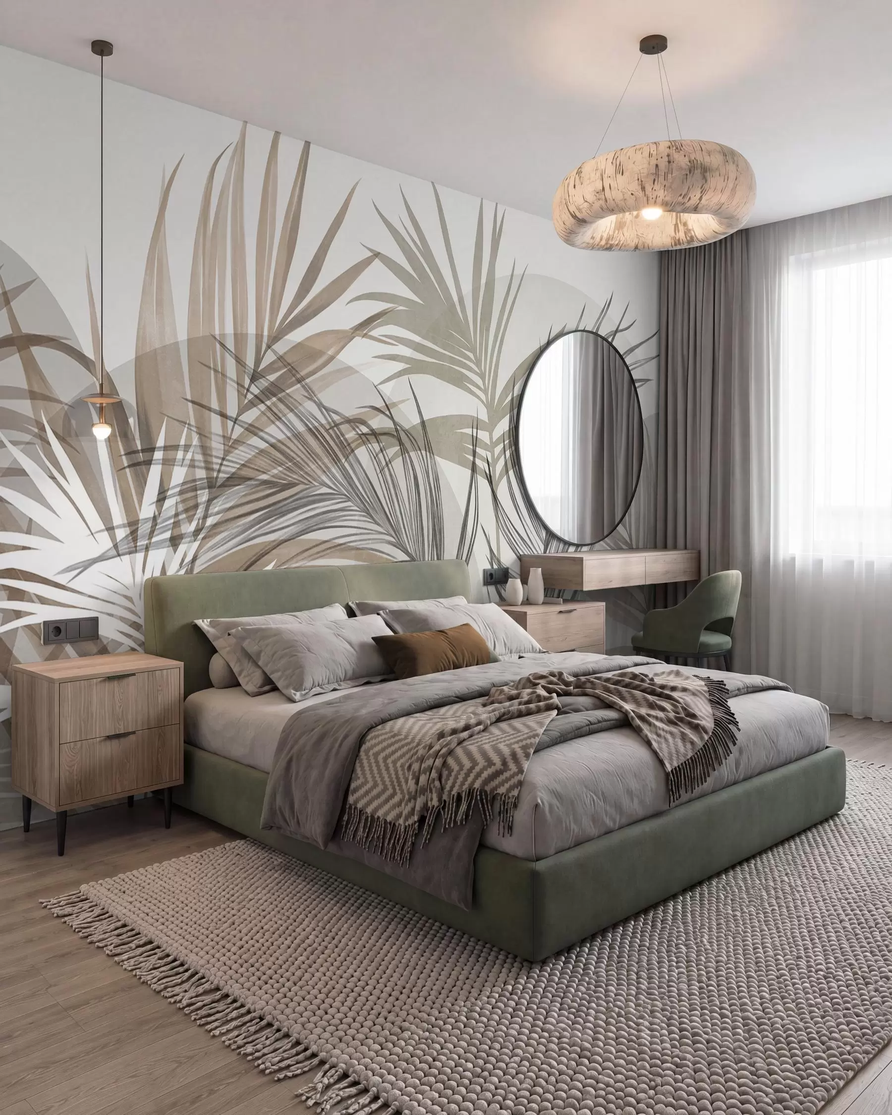 murales Hojas de palmera en tonos neutros de beige, marrón y gris, con formas abstractas w10025