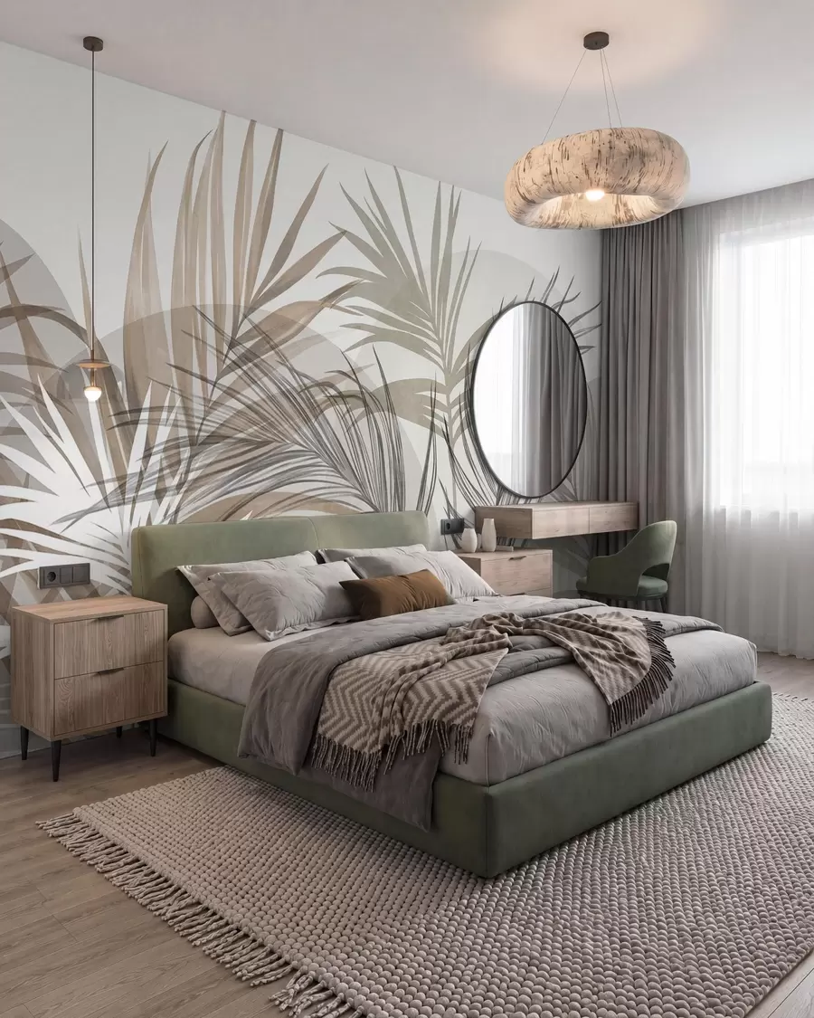 murales Hojas de palmera en tonos neutros de beige, marrón y gris, con formas abstractas w10025