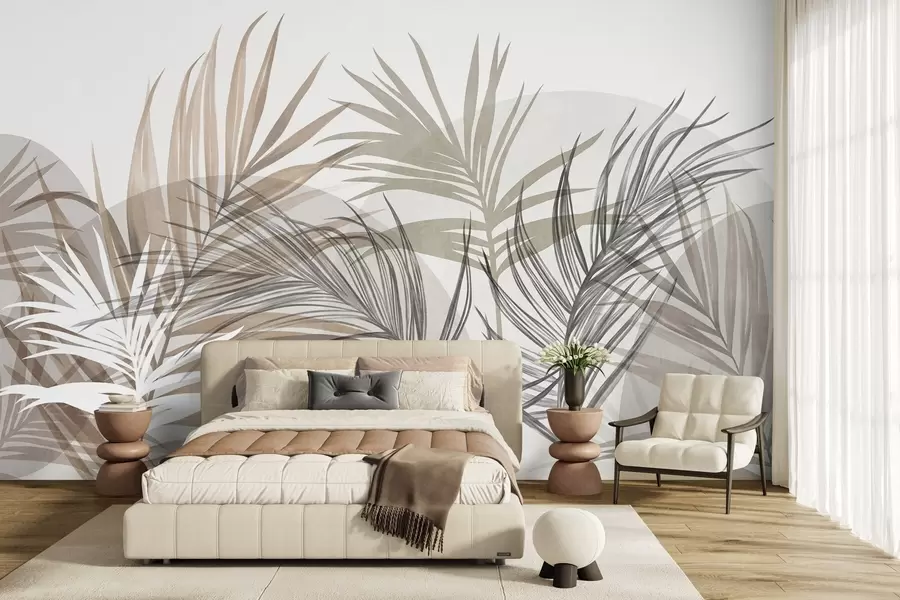 wall murals Palm leaves in neutral tones of beige, brown and gray, with abstract shapes w10025