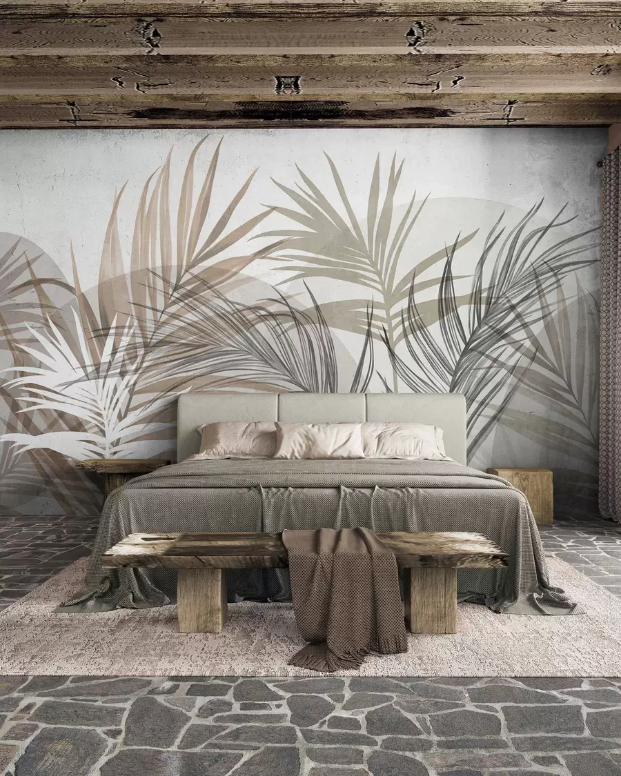 Wall Mural Photo Wallpaper Palm leaves in neutral tones of beige, brown and gray, with abstract shapes w10025