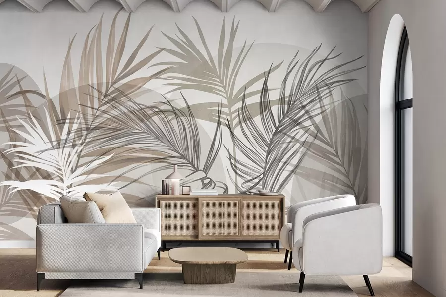 wall murals Palm leaves in neutral tones of beige, brown and gray, with abstract shapes w10025